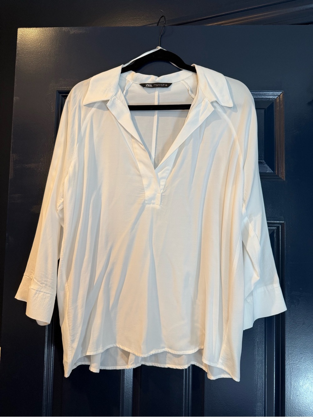 Zara White V-Neck Collared 3/4 sleeve Blouse